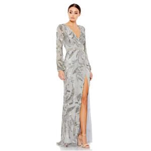 NWT Mac Duggal Platinum Silver Sequined Faux Wrap Split Long Sleeve 5222 Size 10